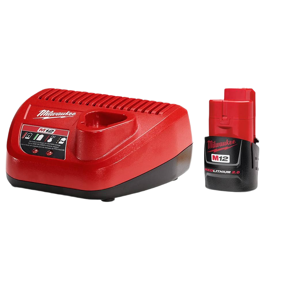 Compact red Milwaukee M12™ 2.0 lithium battery with fast charger for power tools and home improvement use