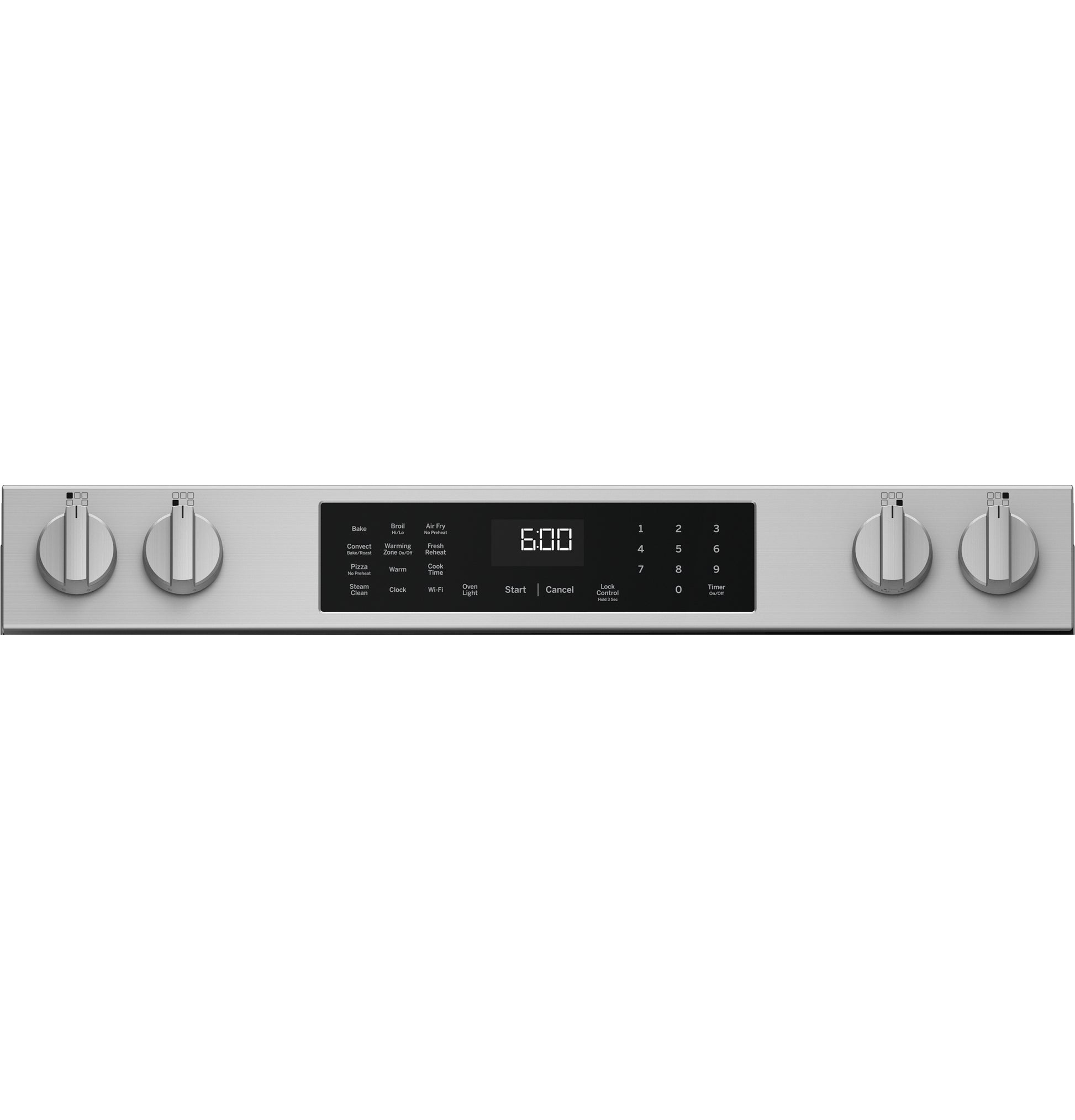 Control panel of stainless steel electric range with four large knobs and digital display showing timer set to 6:00