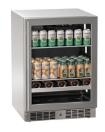 Counter-depth beverage cooler with stainless steel frame and glass door featuring organized cans and bottles for kitchen appliances