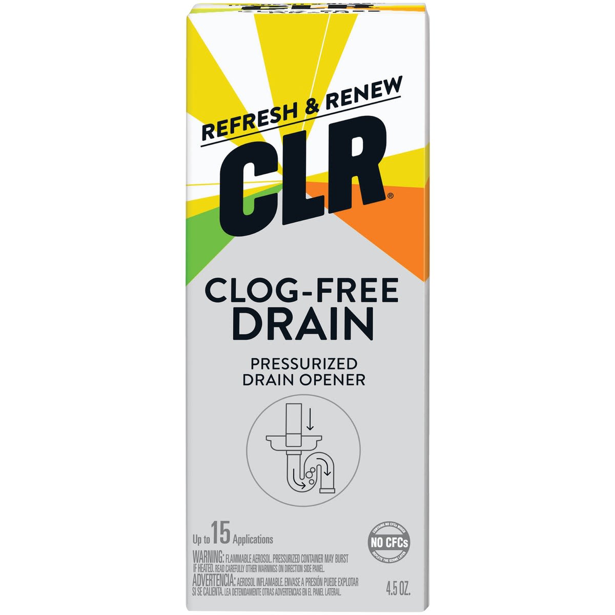 Box of CLR clog-free drain pressurized opener for home improvement drain cleaning tasks