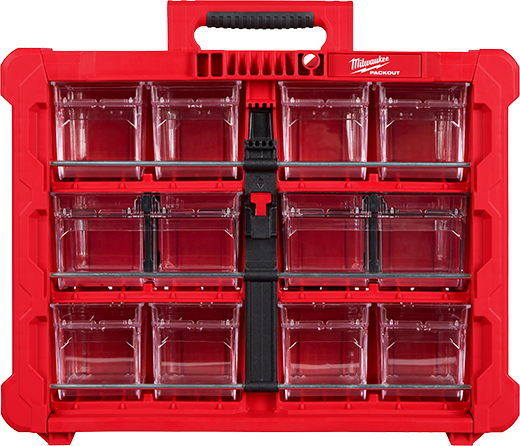 Red tilt bin organizer with clear removable compartments for efficient small parts storage and jobsite tool organization