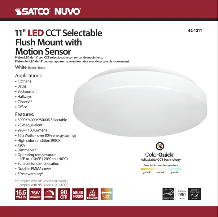 White acrylic 11-inch LED flush mount with motion sensor and selectable color temperature for lighting projects under $100
