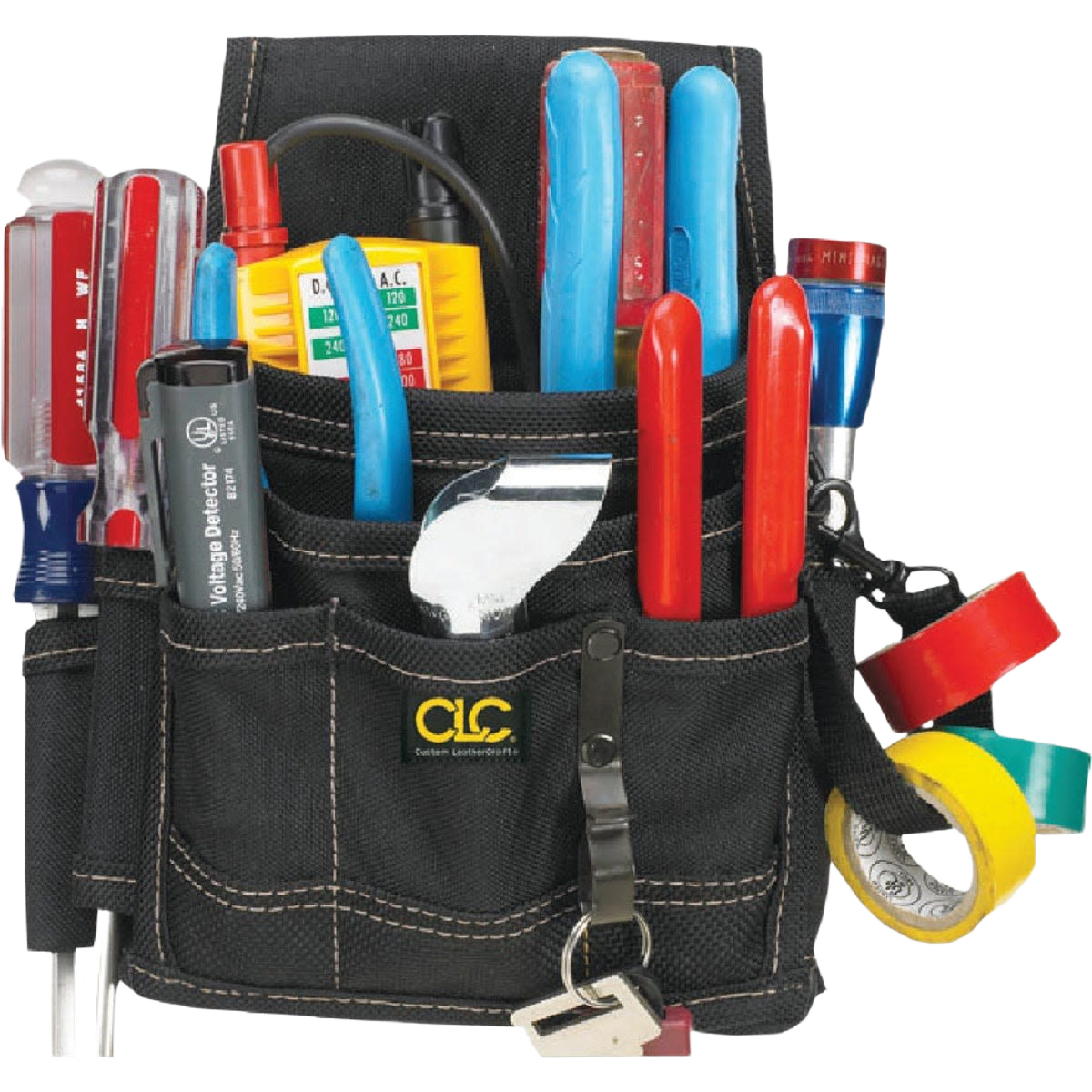 Compact black 9-pocket tool pouch with electrical tools, pliers, tape rolls, and voltage detector for workshop organization