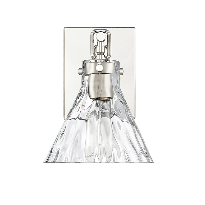 Polished nickel wall sconce with clear water glass shade for elegant bathroom or vanity lighting under $100.