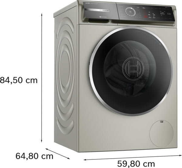 Compact front load washer in pearl steel with modern control panel and circular door, part of Bosch washers collection