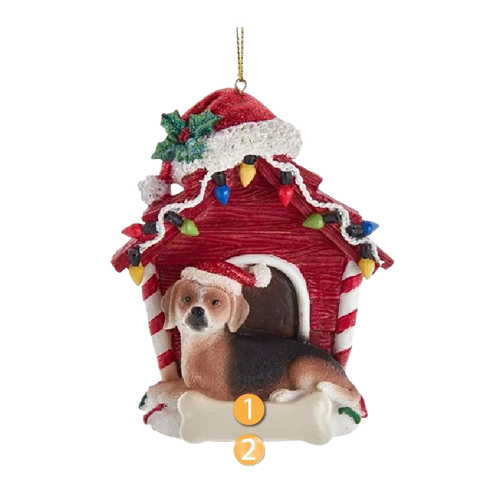 Beagle dog in Santa hat resting at red dog house decorated with colorful Christmas lights ornament under $50 collection
