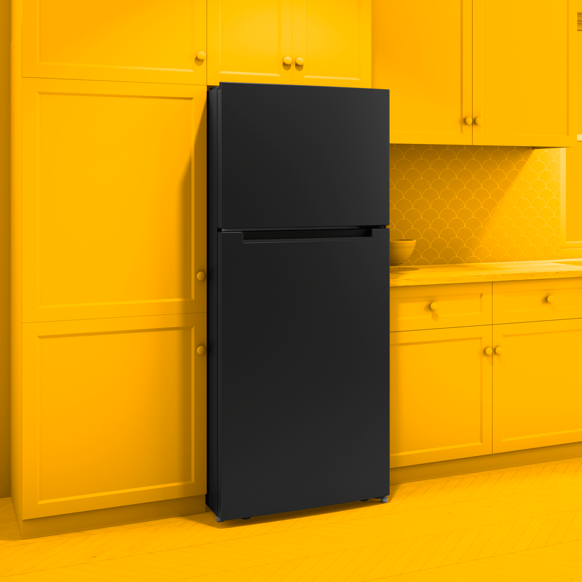 Black top freezer refrigerator in a vibrant yellow kitchen setting, part of refrigerators and kitchenware collection