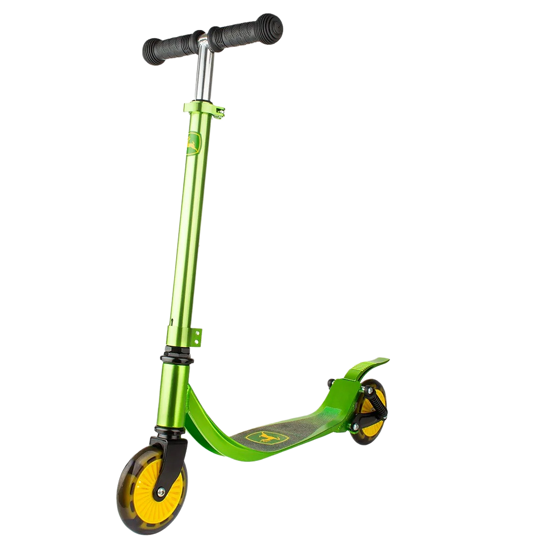 Green and yellow two-wheeled scooter with black handlebars designed for young riders and outdoor play use