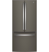 Matte finish French-door refrigerator with bottom freezer drawer and sleek stainless steel handles in kitchen appliances collection