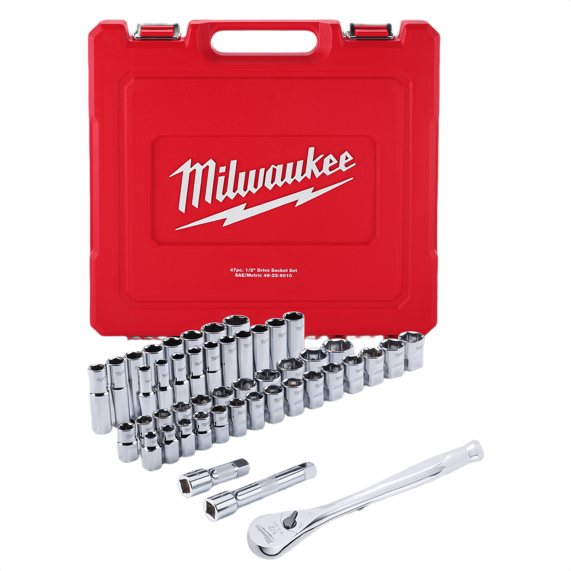 Red Milwaukee carrying case with 1/2" drive ratchet and chrome SAE and metric sockets for hand and woodworking tools collections
