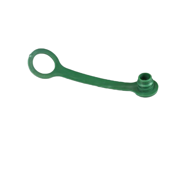 Green plastic protective cap with tether designed for use in tools and home improvement applications