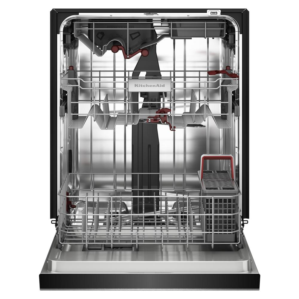 Open dishwasher with stainless steel interior, third rack with 360° jets, adjustable tines, and utensil basket from KitchenAid collection