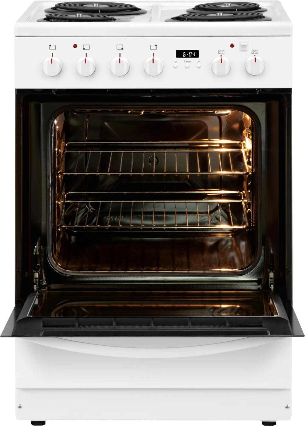 white freestanding electric range with coil burners and open oven interior with racks in kitchen appliances collection