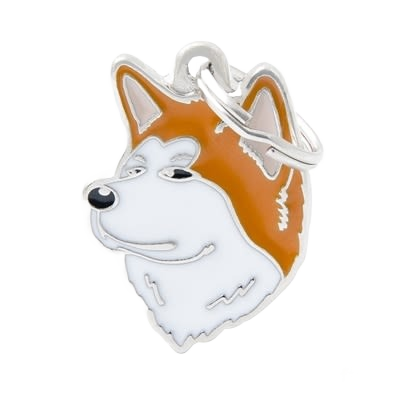 Enamel Shiba Inu dog face charm in orange and white with silver outline and keyring attachment