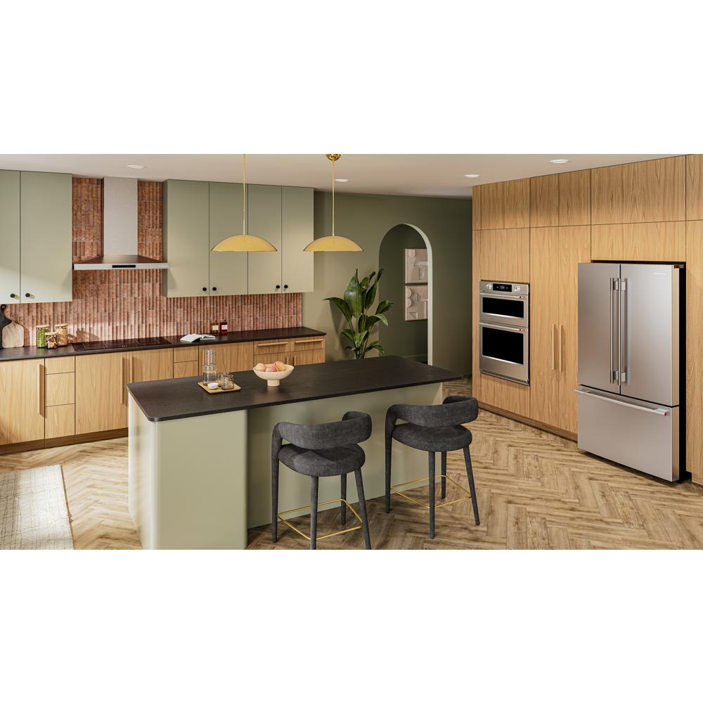 Modern kitchen with stainless steel 36-inch wall-mount range hood, wood cabinets, green island, and stainless steel appliances