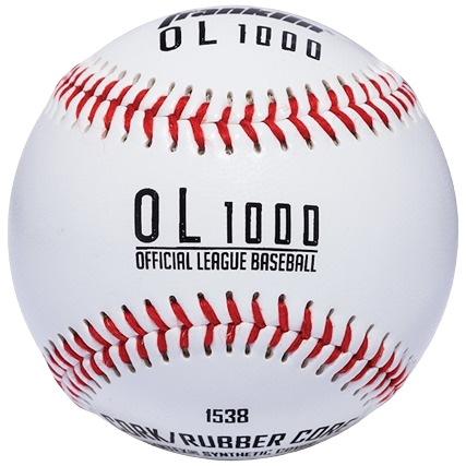 White synthetic cork baseball with red stitching and black printed official league markings for practice use