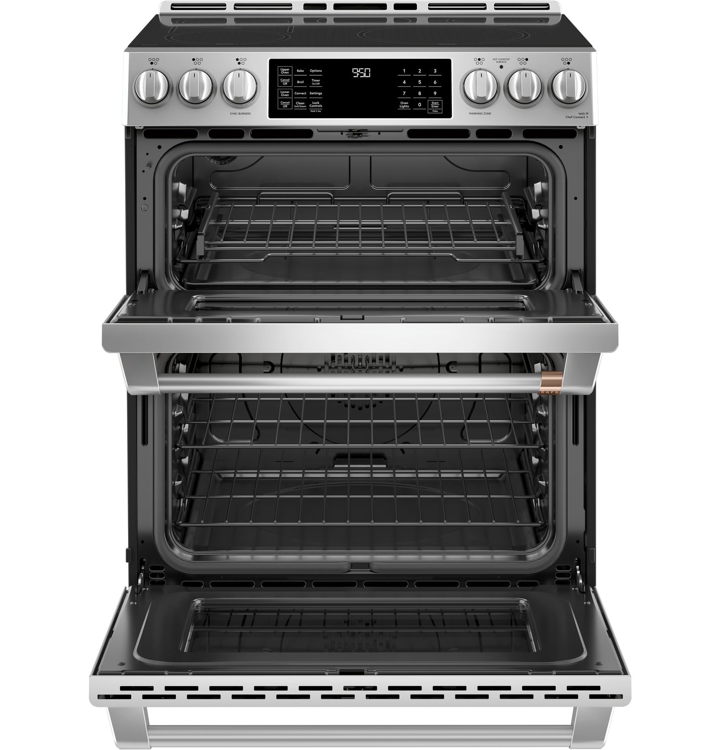 Double-oven range with stainless steel finish, front controls, digital display, and convection cooking racks open in kitchen setting