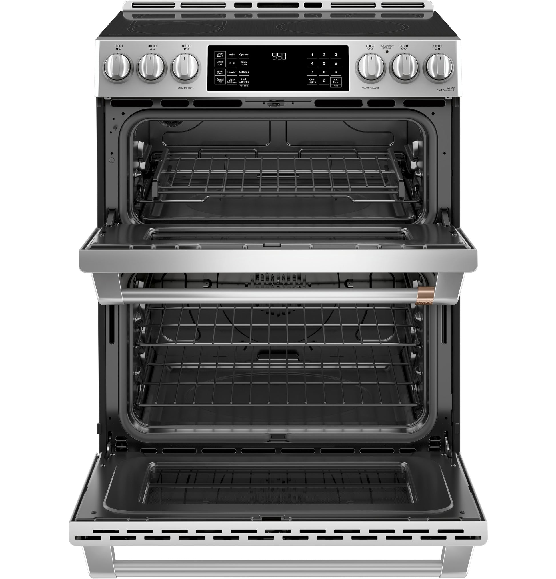Double-oven range with stainless steel finish, front controls, digital display, and convection cooking racks open in kitchen setting