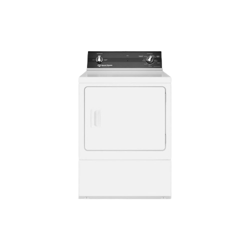 White gas dryer with front door and control panel, part of Dryers and Appliances collections for home use