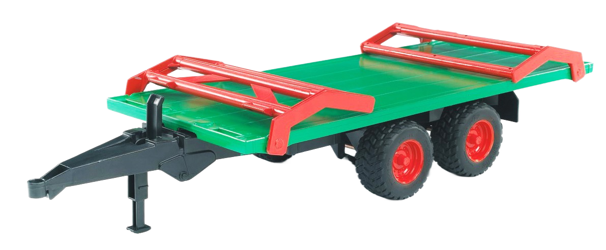 Green flatbed bale trailer with red railing and black hitch for transporting eight round bales in farm or home settings