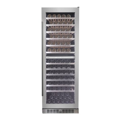 Tall stainless steel wine cooler with glass door, adjustable shelves, and LED lighting in Refrigerators and Appliances collections