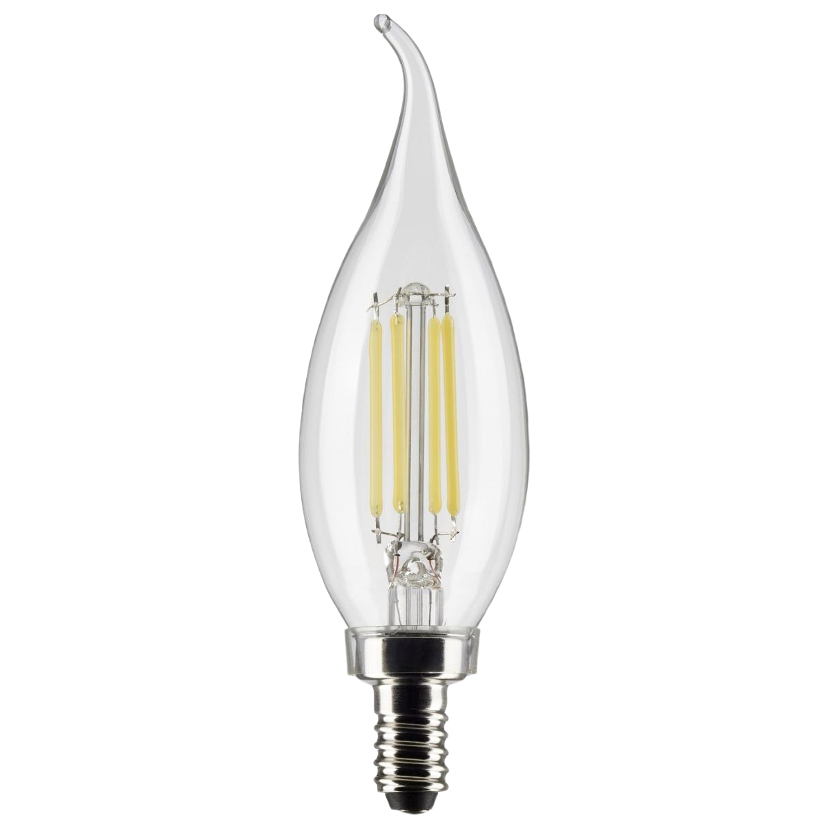 Clear candelabra base LED bulb with decorative flame tip, cool white light for lighting and electrical use