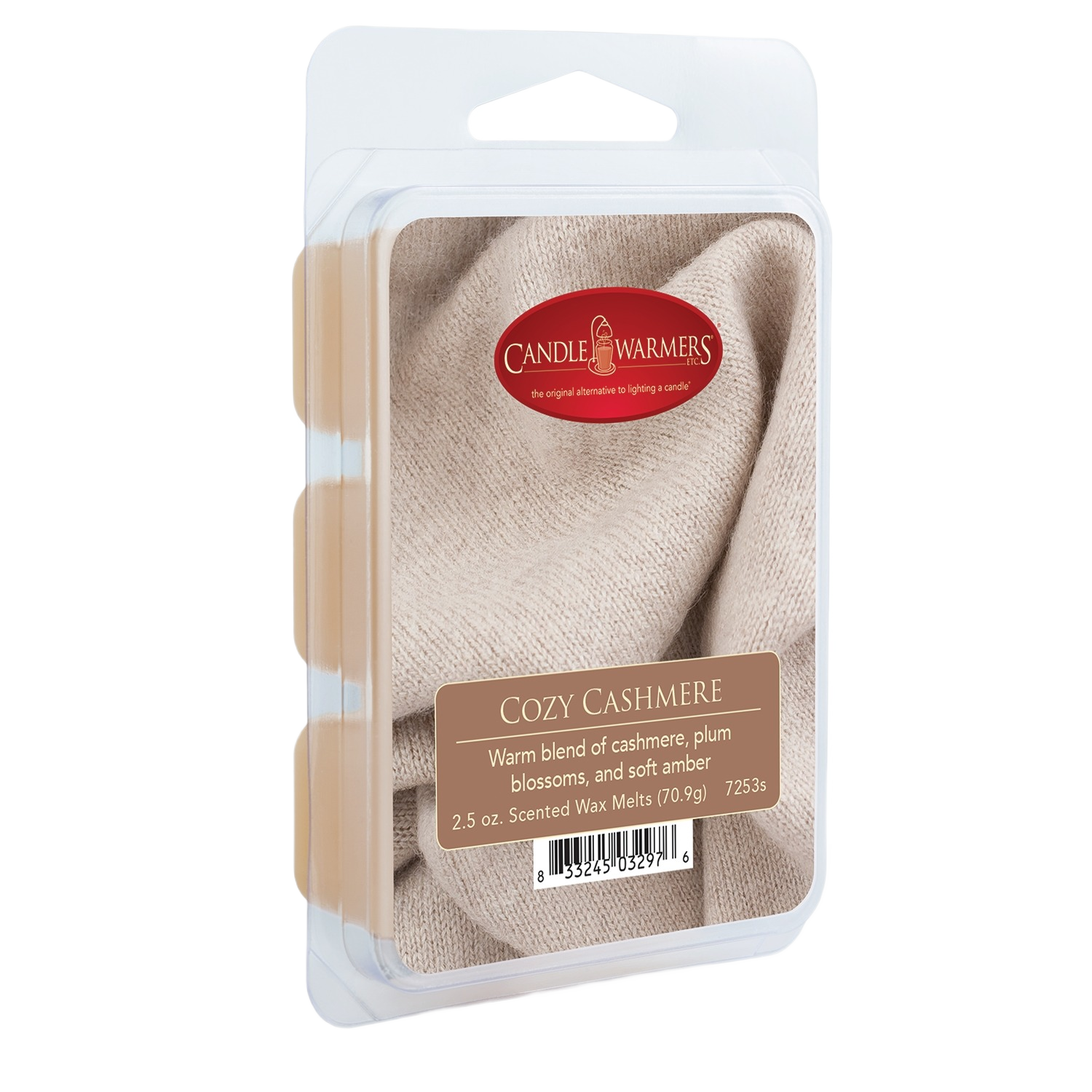 Package of Cozy Cashmere scented wax melts with cashmere, plum blossom, and amber fragrance for home ambiance