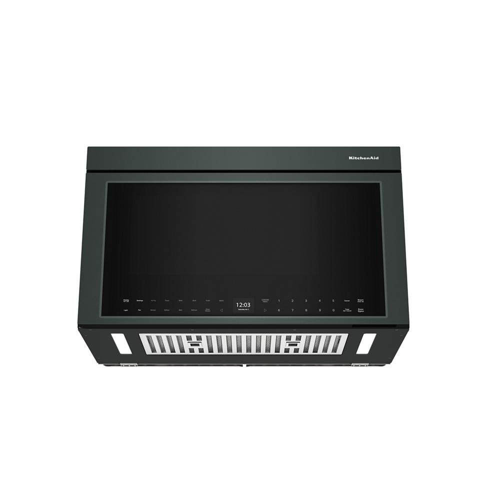 Over-the-range multifunction microwave oven with flush built-in design, black finish, digital controls, and integrated ventilation, part of KitchenAid Appliances collections.