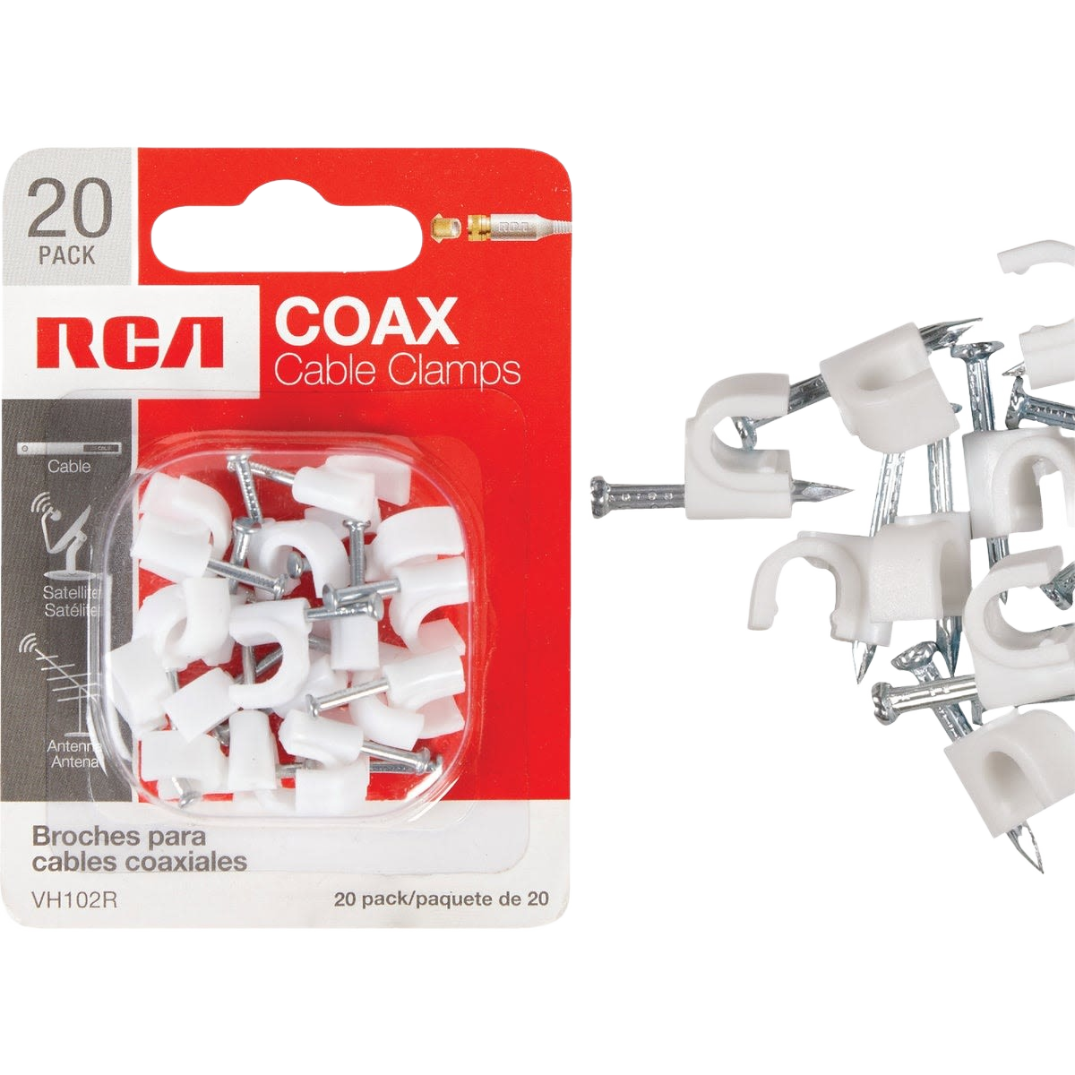 Pack of white coaxial cable clamps with attached nails for secure cable management in home improvement projects