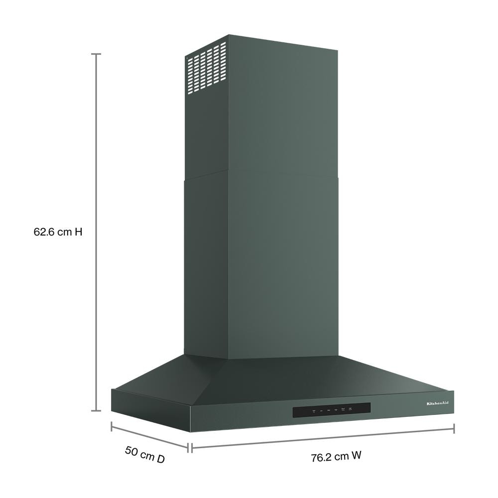 Matte black wall-mount canopy hood with digital controls, measuring 76.2 cm wide and 62.6 cm high for kitchen ventilation.