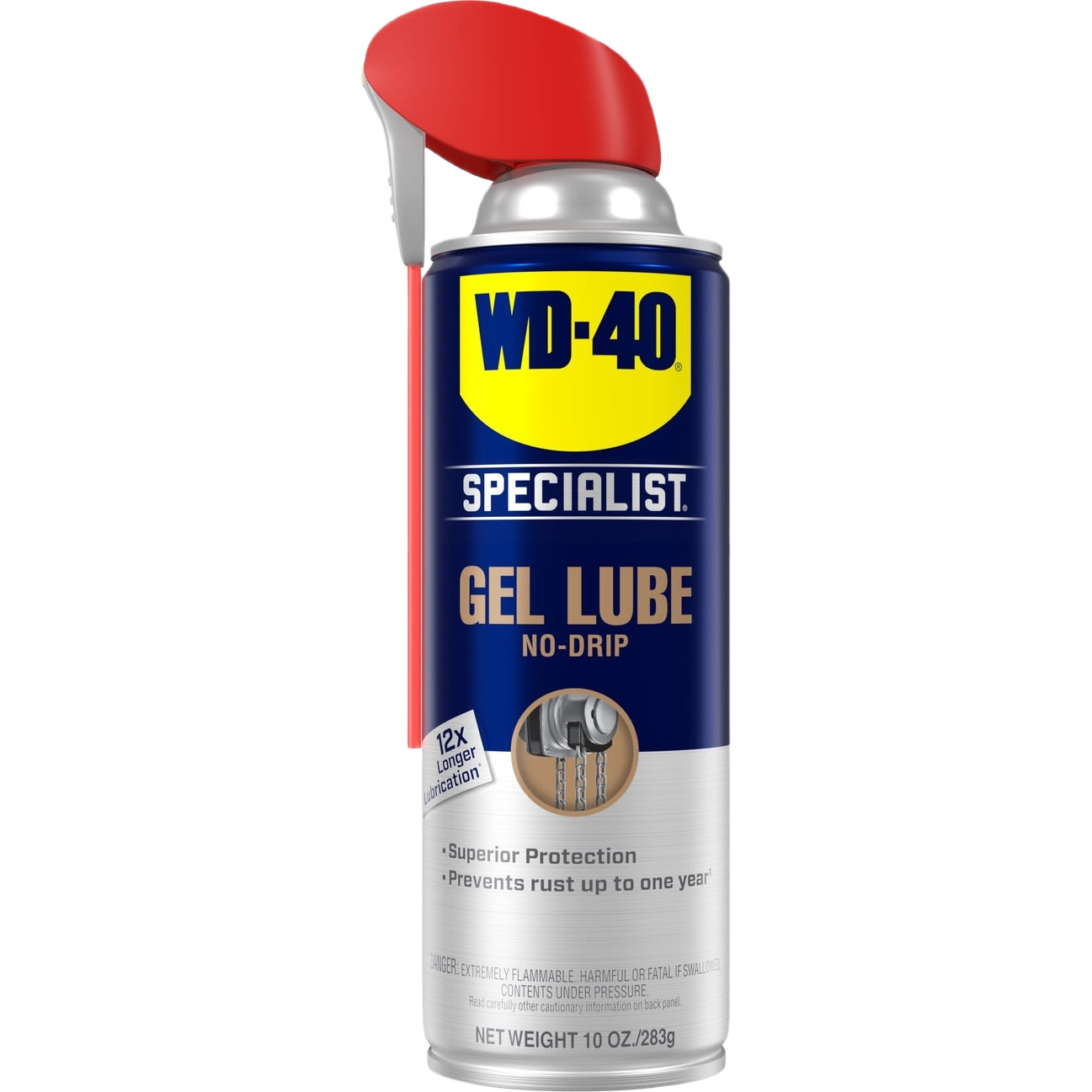 Blue and silver WD-40 Specialist gel lubricant can with red applicator for automotive and home improvement tasks