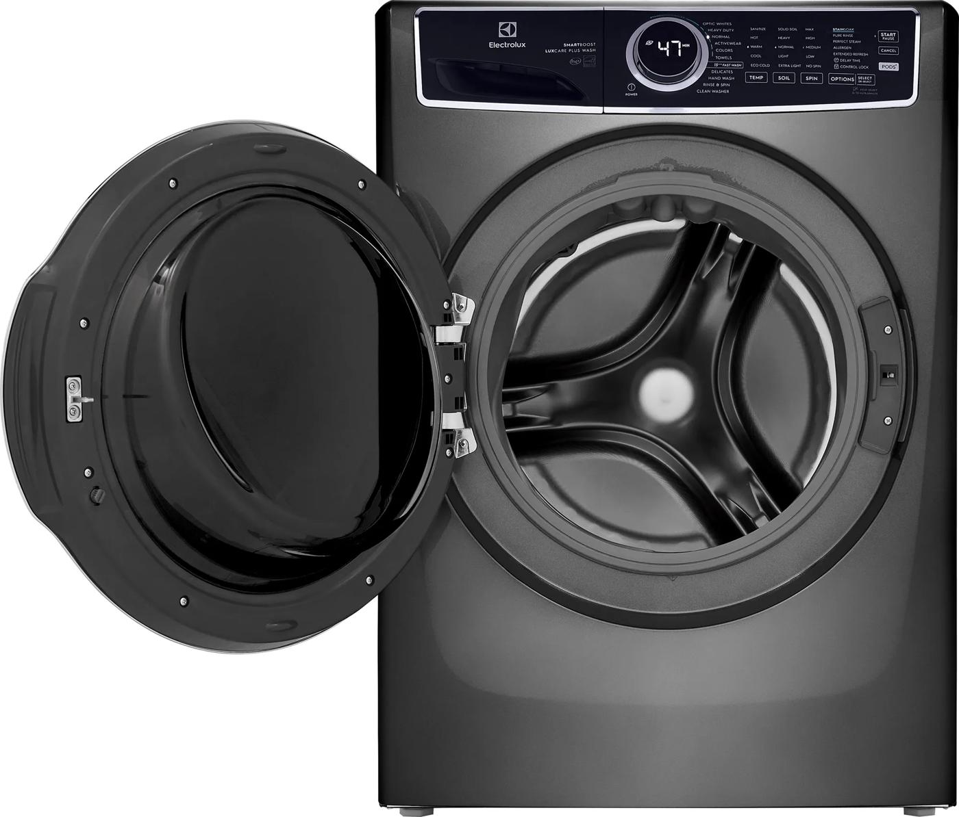 Dark gray front load washer with open door and digital control panel from front load washers collection