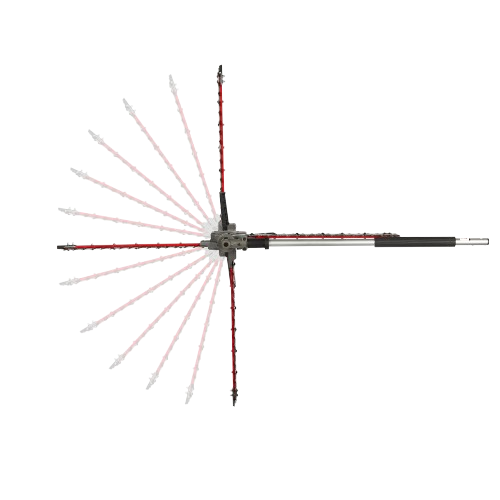 Milwaukee articulating hedge trimmer attachment showing adjustable red blades and ergonomic black handle for tools and home improvement tasks