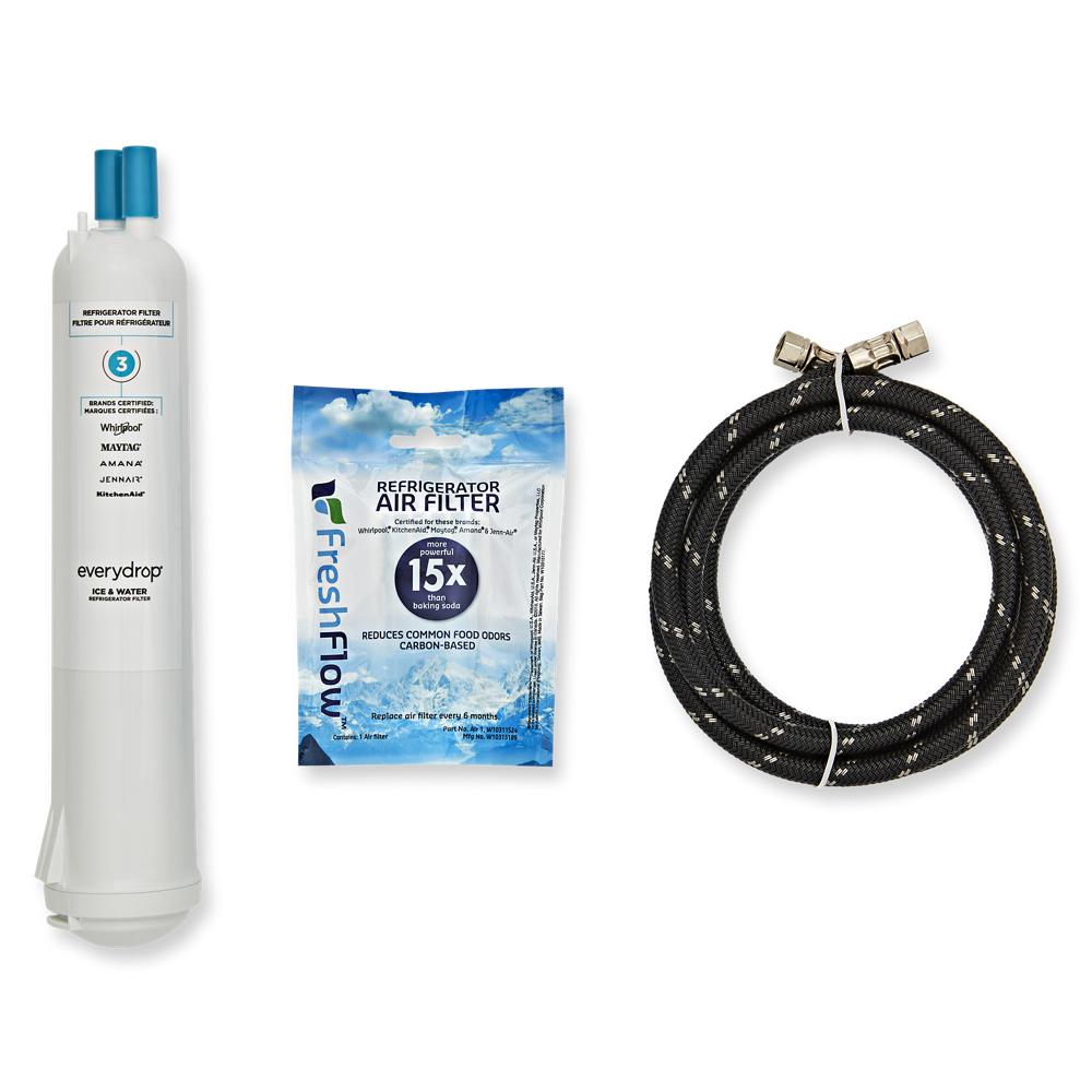 Set of refrigerator accessories including a water filter, carbon-based air filter, and braided water supply hose for kitchen appliances.