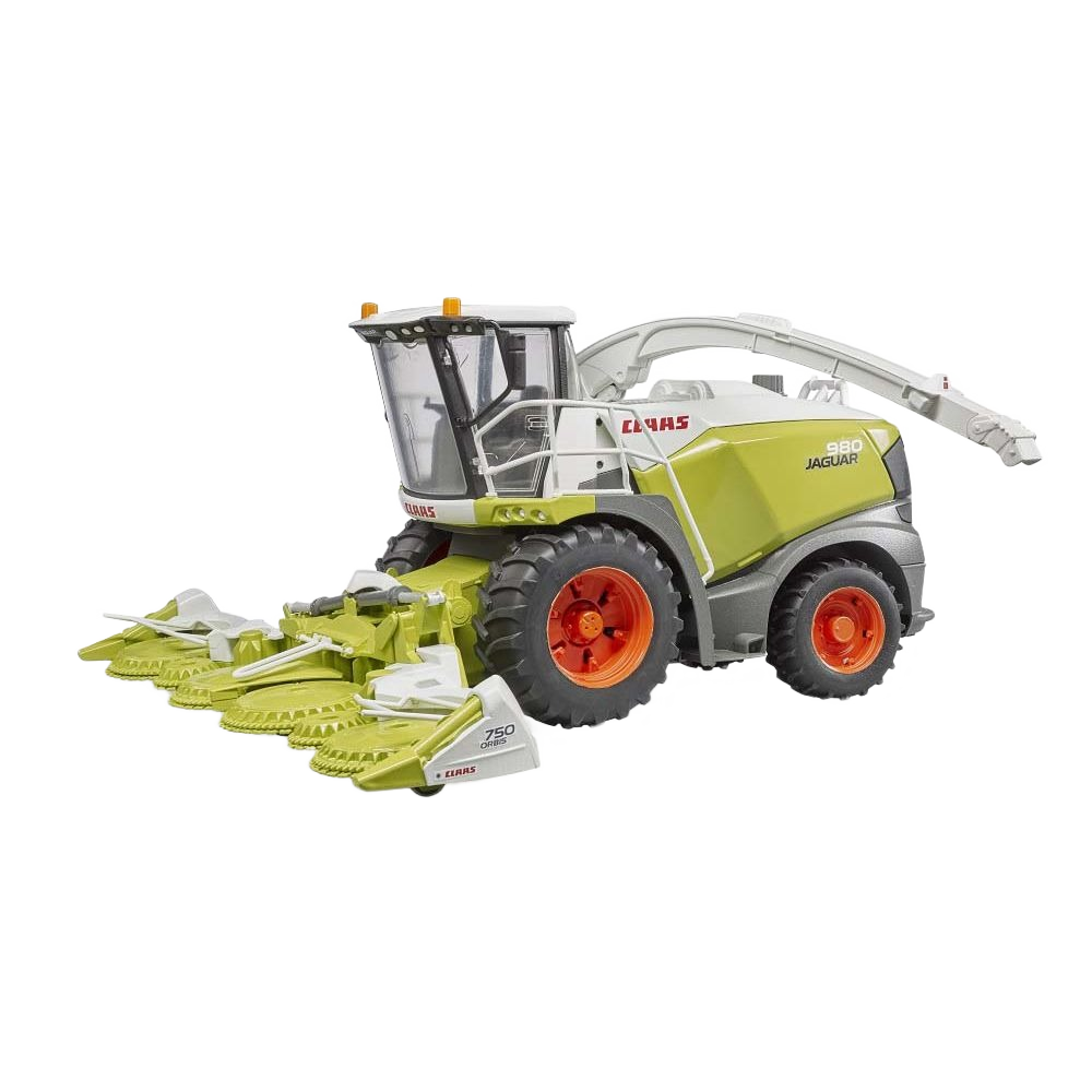 Detailed 1:16 scale model of a Claas Jaguar 980 forage harvester toy with realistic features and orange wheels
