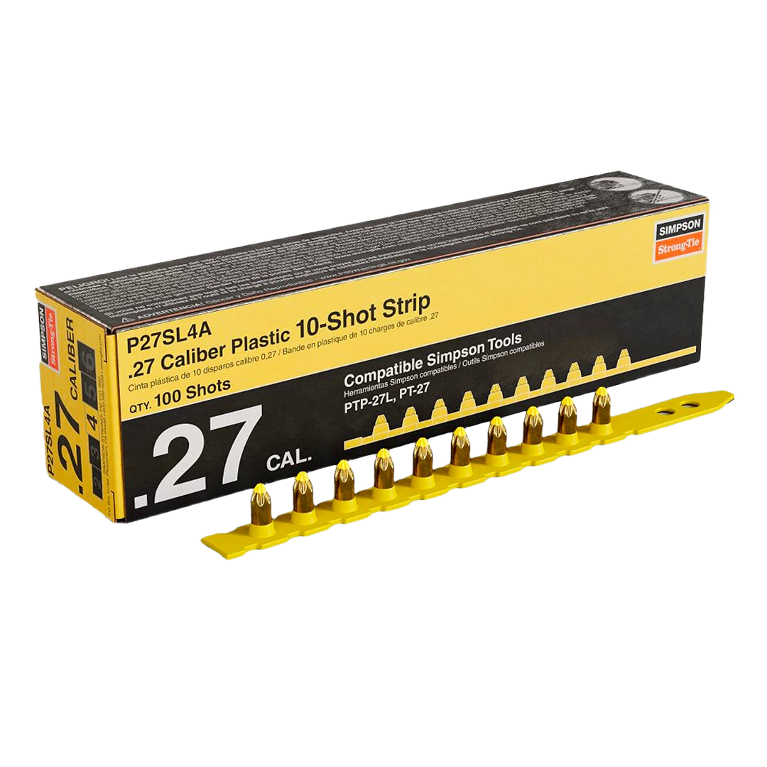 Yellow plastic strip with 0.27-caliber shots and black and yellow packaging for home improvement tools use