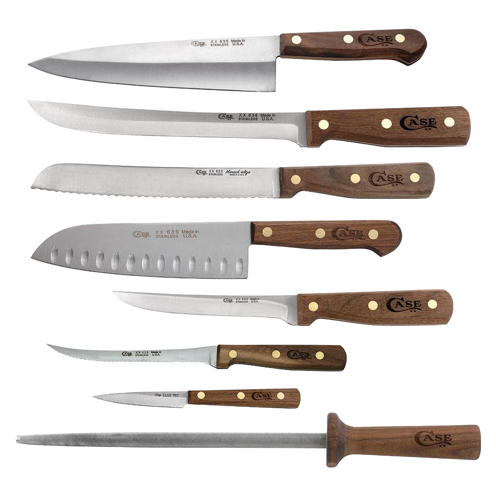 Set of seven kitchen knives with wooden handles and stainless steel blades, durable cooking utensils for kitchenware collections
