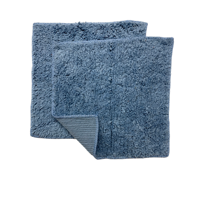 Two cornflower blue cotton chenille dish towels with textured shaggy loop design for kitchen use