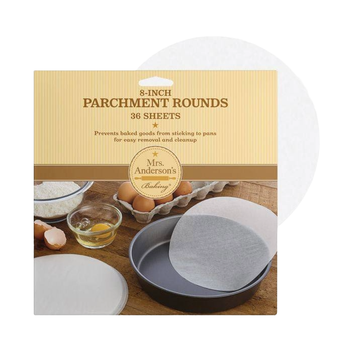 Mrs. Anderson's Baking 8-inch round parchment sheets with packaging and baking pan in Kitchenware collection