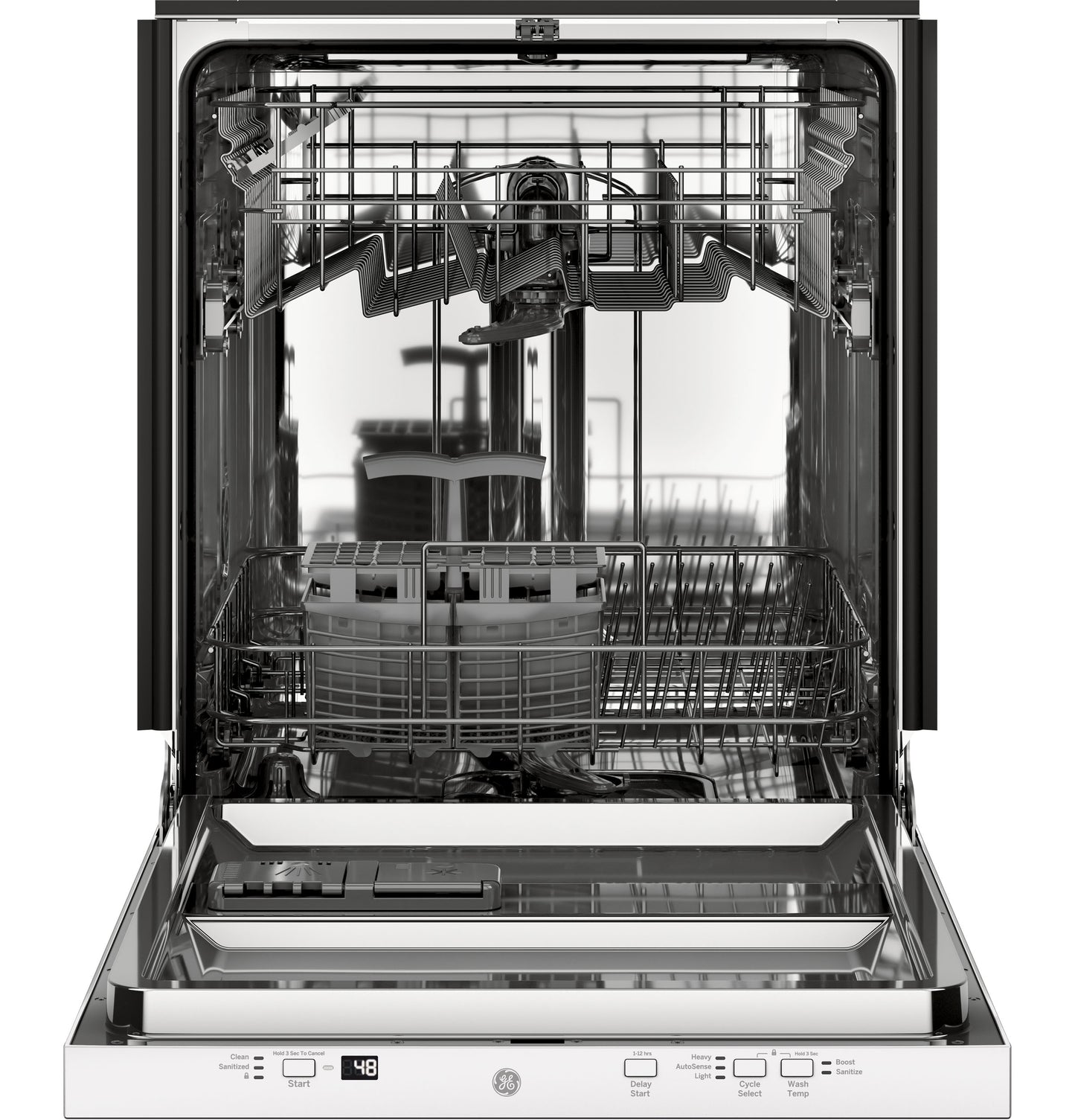 Open stainless steel dishwasher with interior racks and control panel from kitchen appliances and dishwashers collection