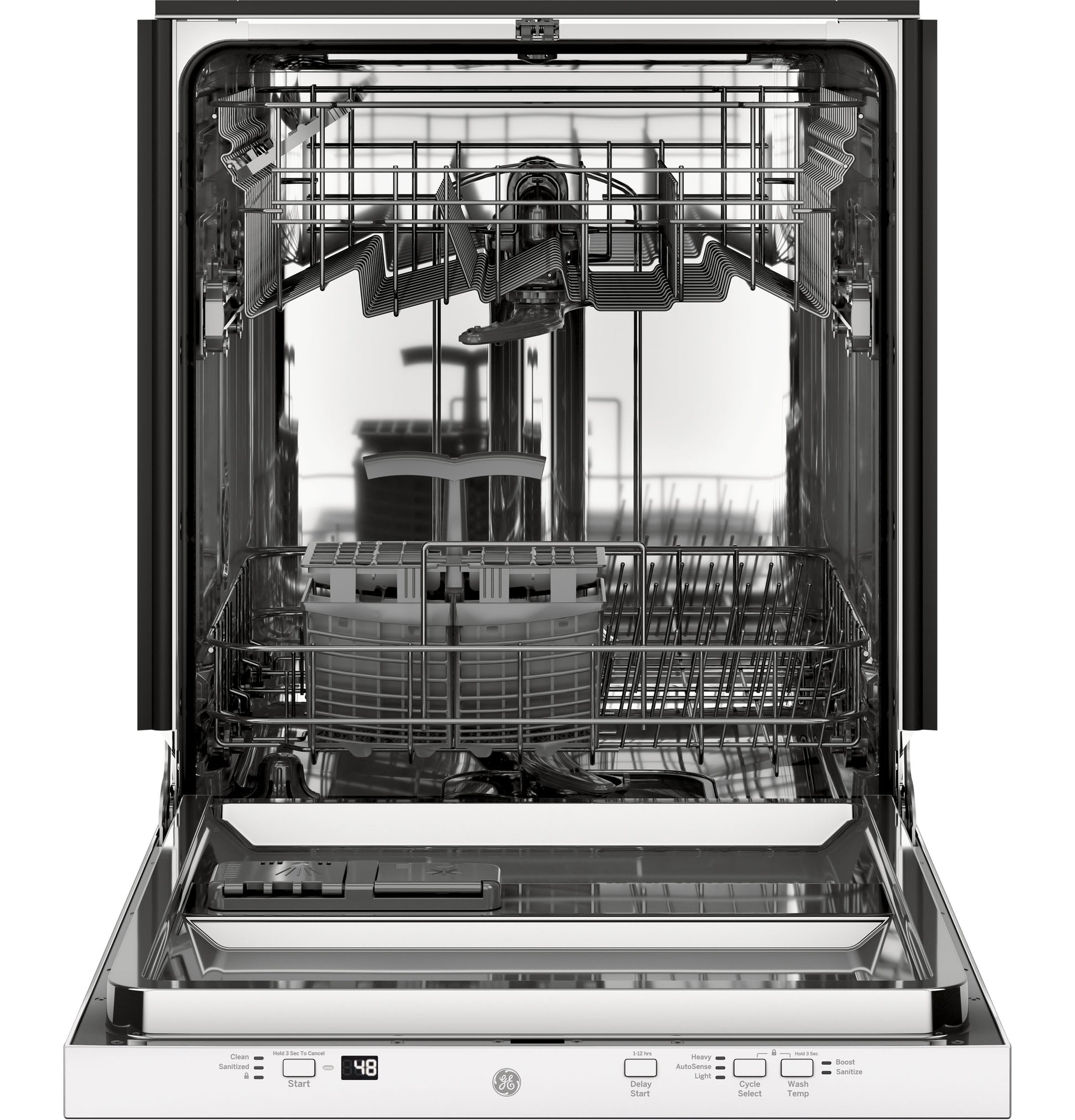 Open stainless steel dishwasher with interior racks and control panel from kitchen appliances and dishwashers collection