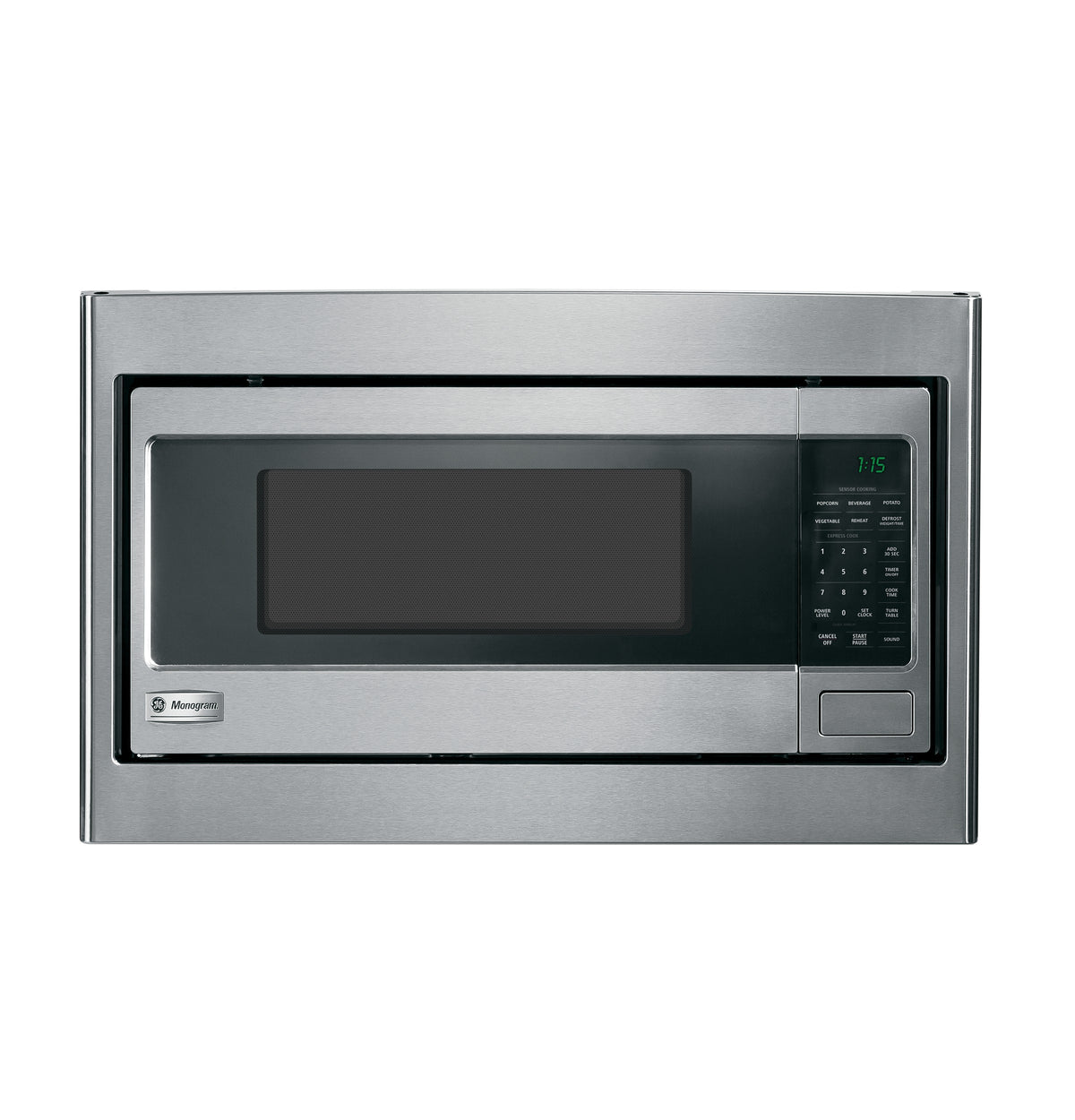Stainless steel trim kit framing a built-in microwave with digital control panel in kitchen appliances collection