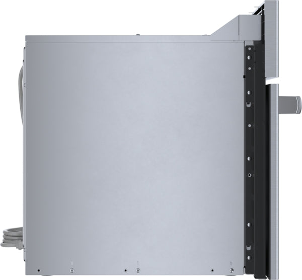 Side view of stainless steel built-in microwave showcasing sleek design and power cord for Bosch kitchen appliances collection