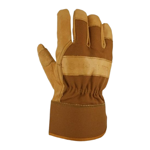 Brown leather work glove with reinforced palm and elastic wrist for durable tools and home improvement use