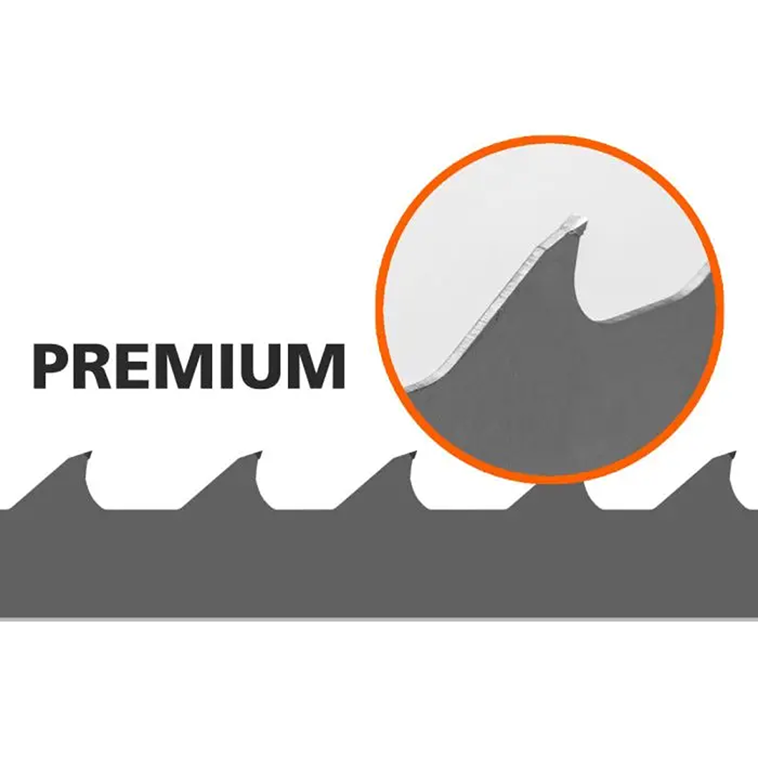 Close-up illustration of carbide steel bandsaw blade teeth designed for durable wood cutting in parts and lubricants collections