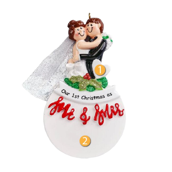 Bride and groom figurine ornament with veil and handwritten style "Our 1st Christmas as Mr & Mrs" from Christmas collection