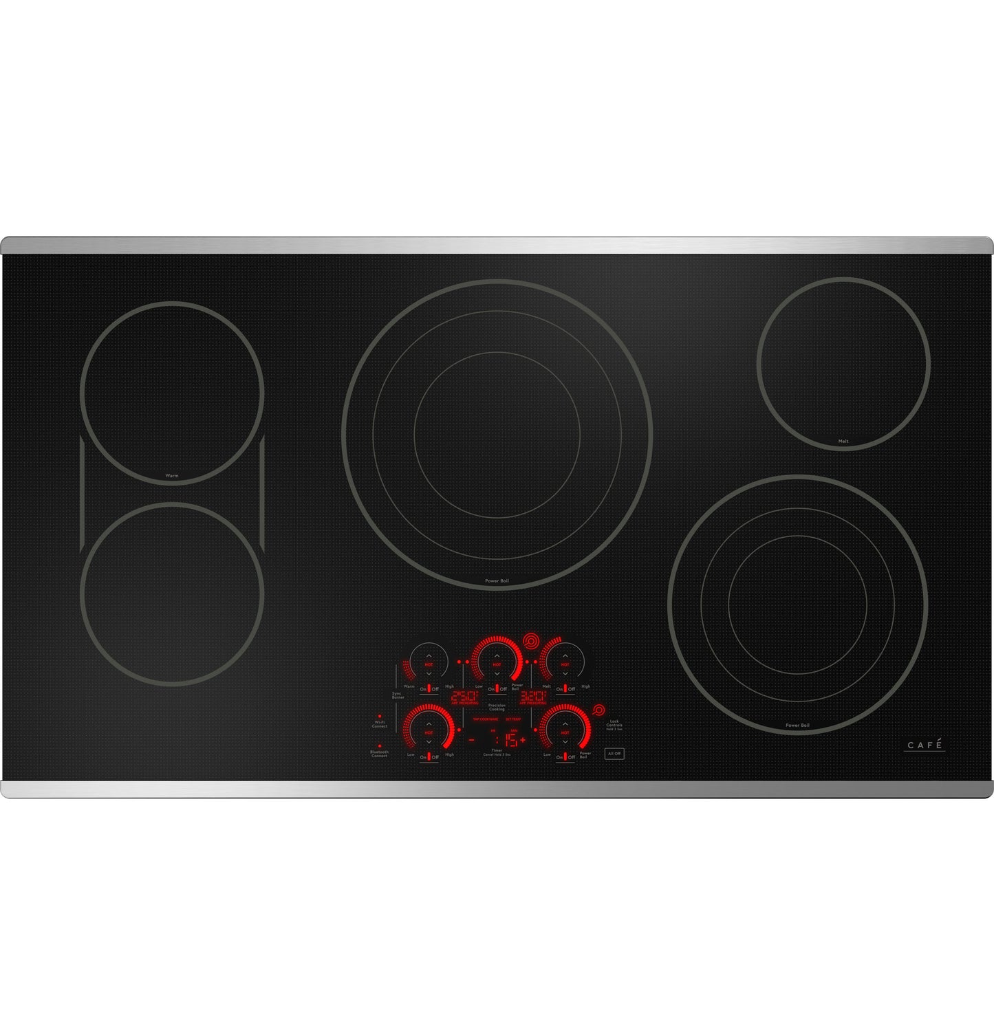 Black electric cooktop with five heating elements and digital touch controls in kitchen appliance and cooktops collection