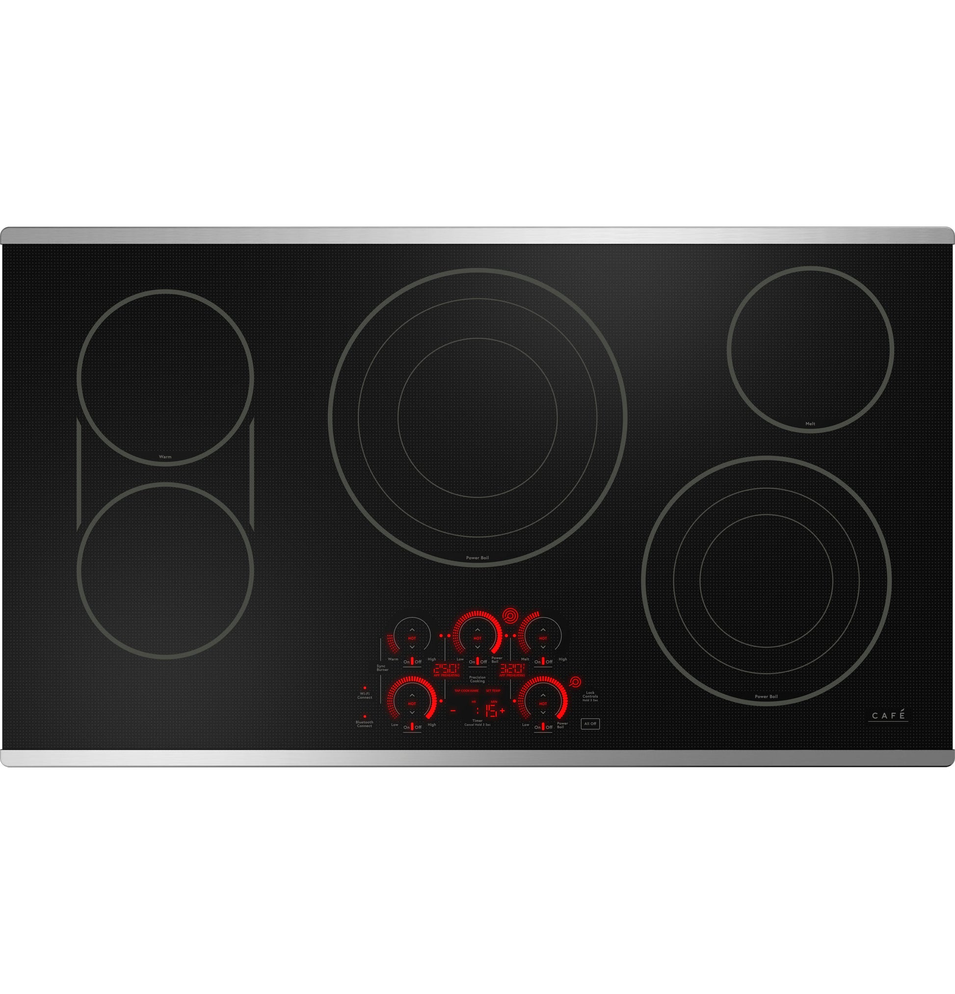 Black electric cooktop with five heating elements and digital touch controls in kitchen appliance and cooktops collection