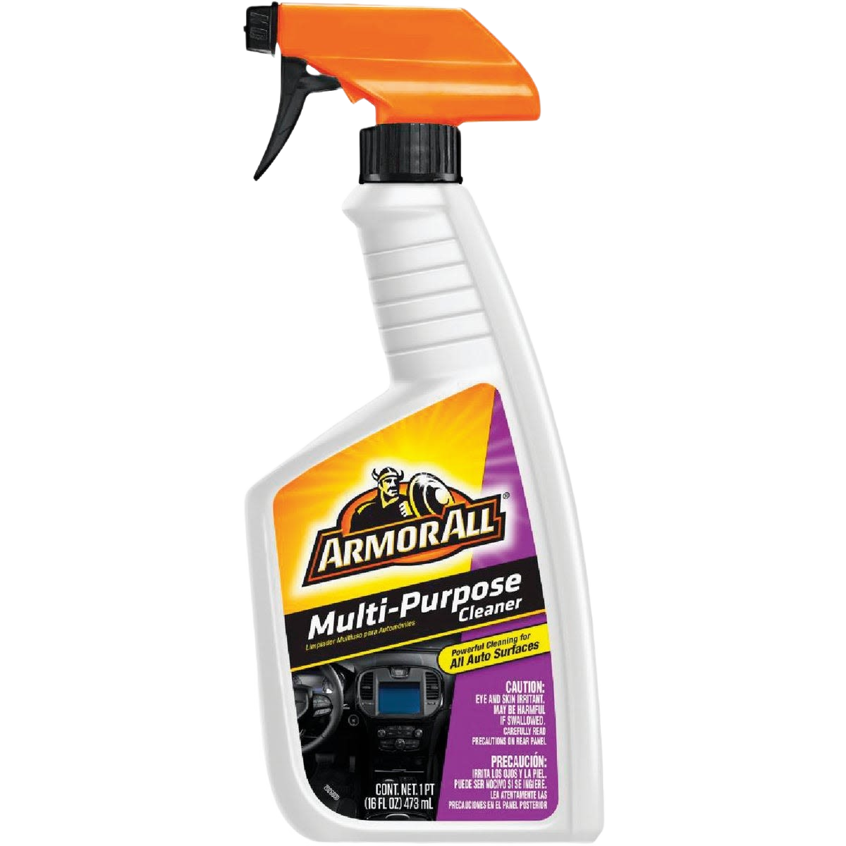 White spray bottle with orange nozzle containing multi-purpose automotive interior cleaner for car care collections