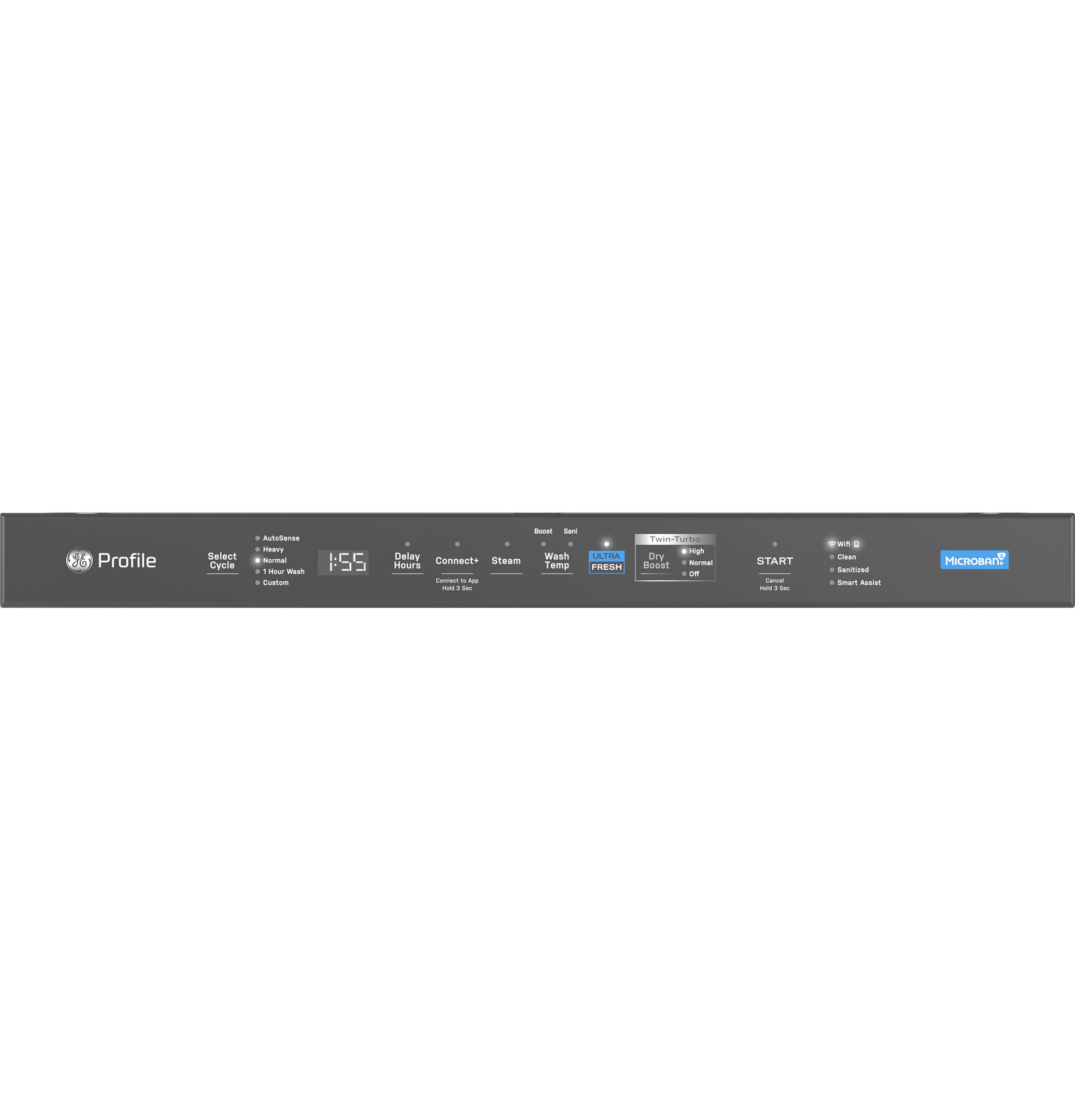 Control panel of a GE Profile dishwasher featuring digital display and multiple cycle options from Appliances collection
